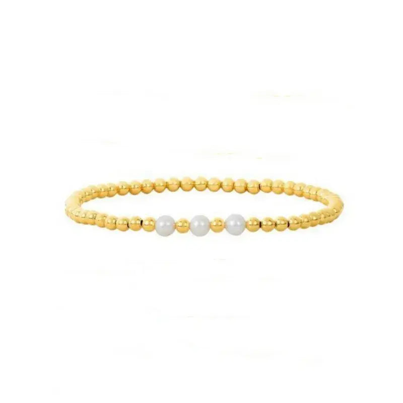 18K Gold Plated Copper Pearl and Gold Beaded Ball Bracelet: Three Small Pearls