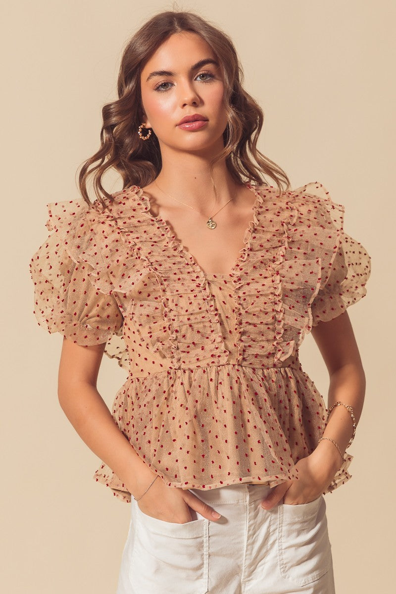 Organza Dot Babydoll Blouse - Latte