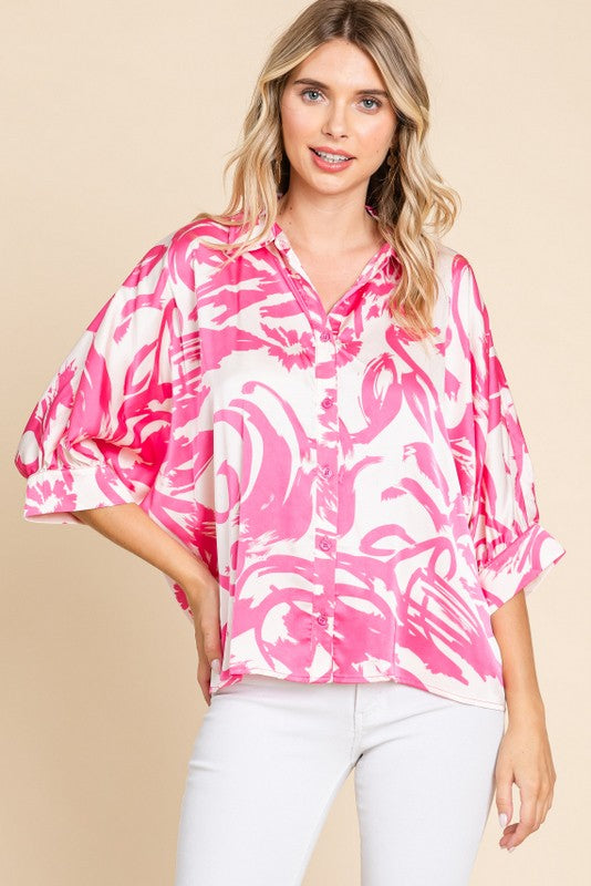 Satin Print Button Up Top - Pink