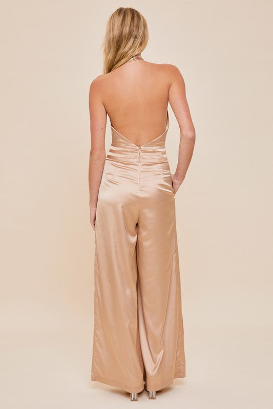 Halter Wide Leg Satin Jumpsuit - Taupe