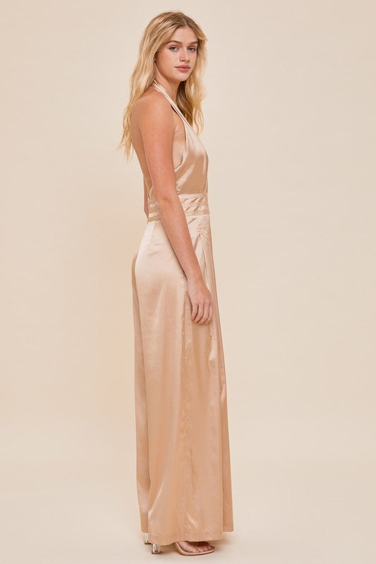 Halter Wide Leg Satin Jumpsuit - Taupe