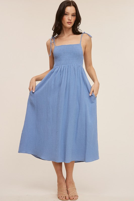 Gauze Tie Shoulder Midi Dress - Denim