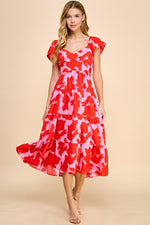 Abstract Printed Midi Dress - Red & Pink