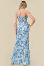 Leaf Print Cropped Top and Pants Set - Blue