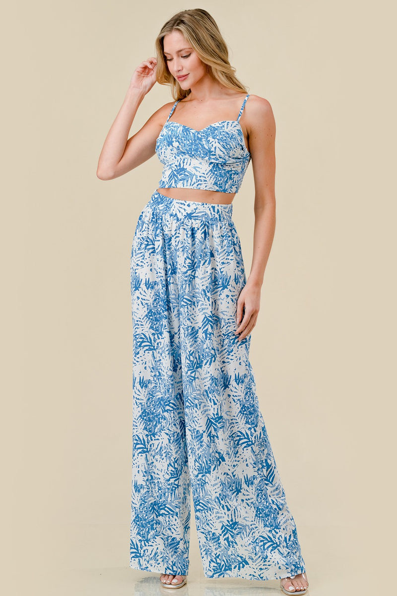 Leaf Print Cropped Top and Pants Set - Blue