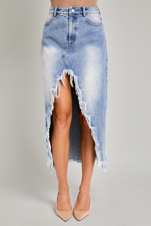 Frayed Hem Denim Midi Skirt