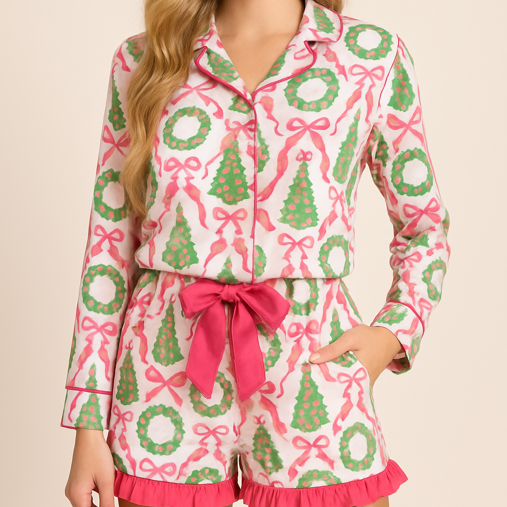 Christmas Pink Wreath + Trees Pajamas