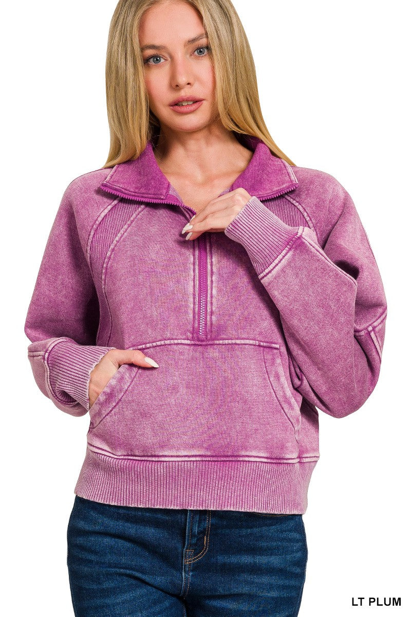 ACID WASHED HALF ZIP FLEECE PULLOVER-Purple