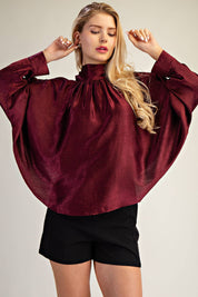Draped Stand-up Collar Ties At Back Blouse