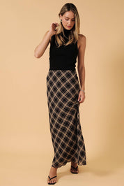HIGH WAIST PLAID CHIFFON MIDI SKIRT: NAVY