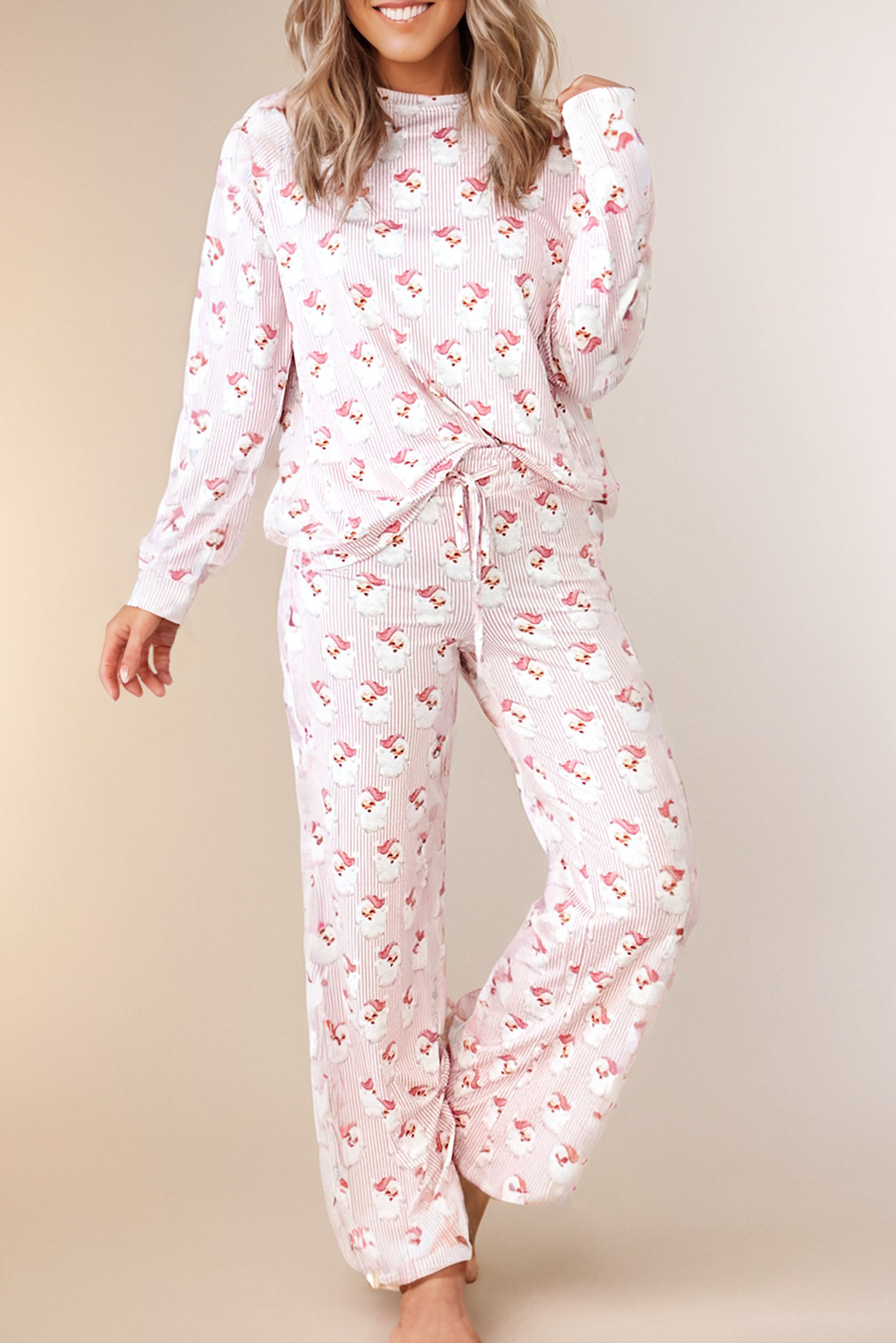 Santa Claus Striped Print Loose Fit Two Piece Lounge Set: Pink