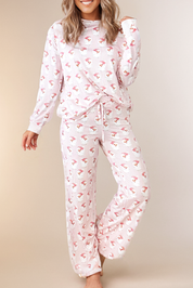 Santa Claus Striped Print Loose Fit Two Piece Lounge Set: Pink