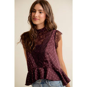 POLKA DOT SATIN LACE TOP: WINE/PINK
