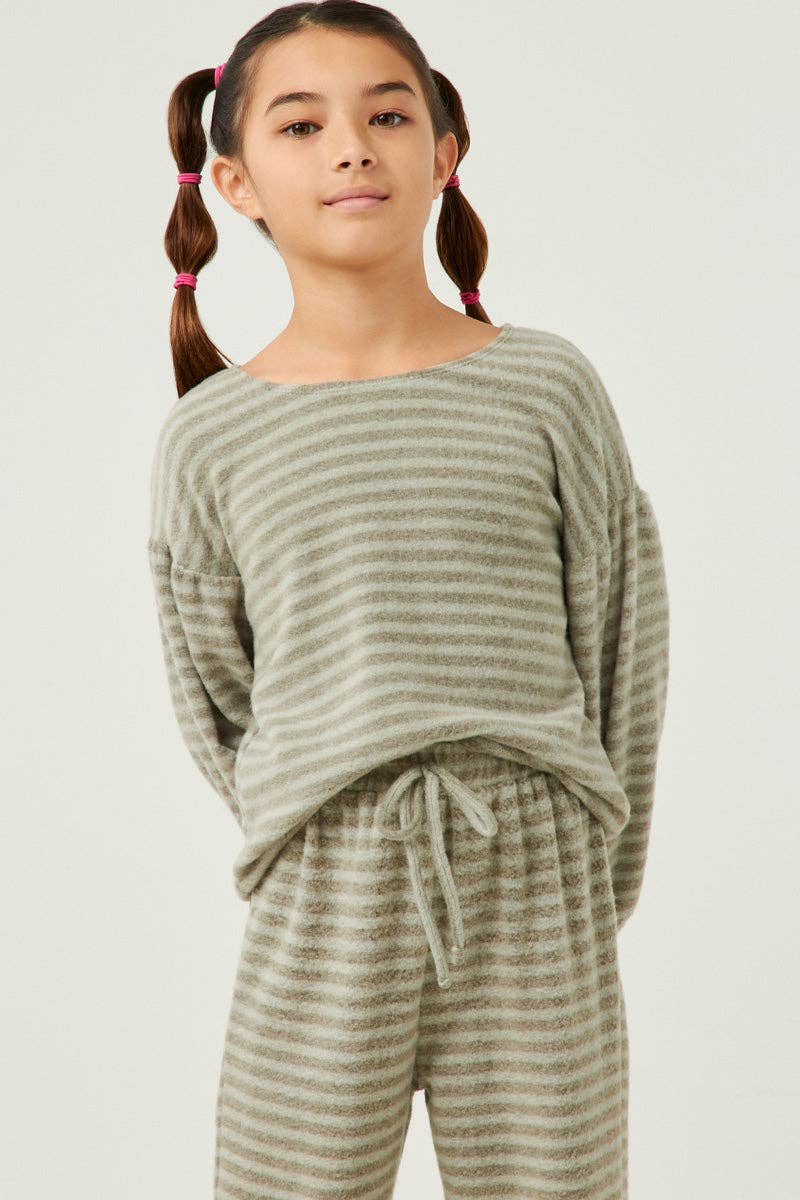 Girls Brushed Stripe Puff Sleeve Knit Top