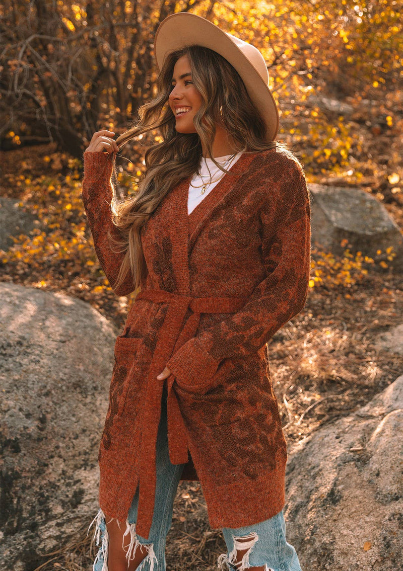Metallic Floral Long Sleeve Belted Cardigan