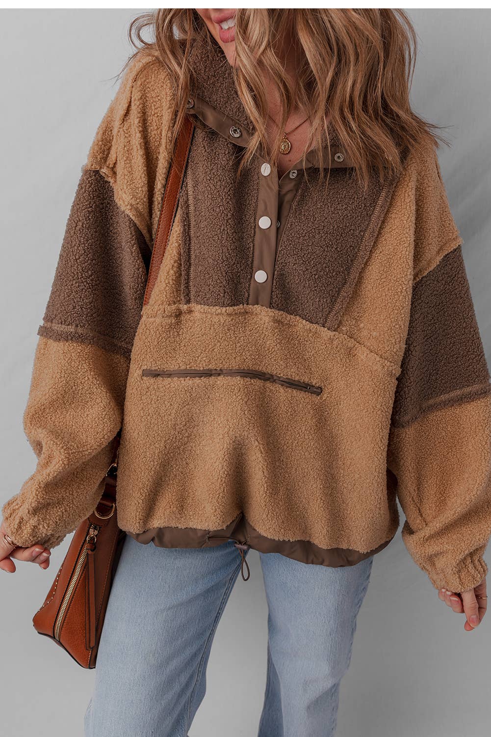 Colorblock Patch Half Button Sherpa Sweatshirt