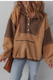 Colorblock Patch Half Button Sherpa Sweatshirt
