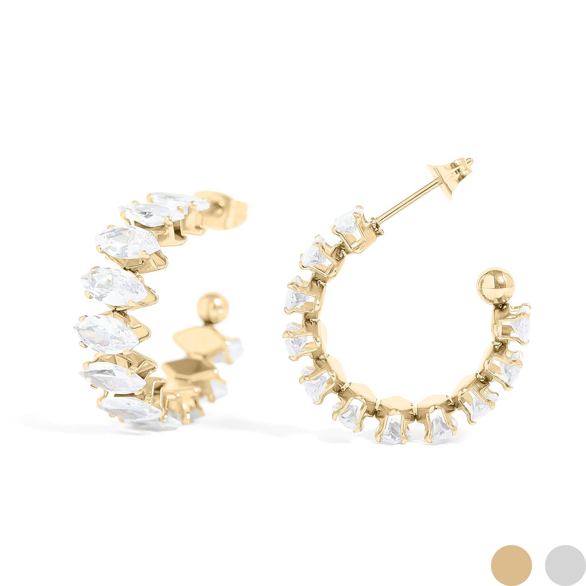 18K Gold PVD Stainless Steel Marquis CZ Stone Hoop Earrings: Gold