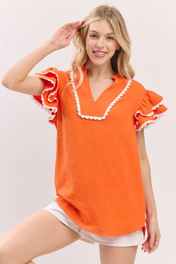 Ruffle Sleeve Scallop Trim Top
