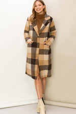 Buffalo Plaid Long Trench Coat - Brown