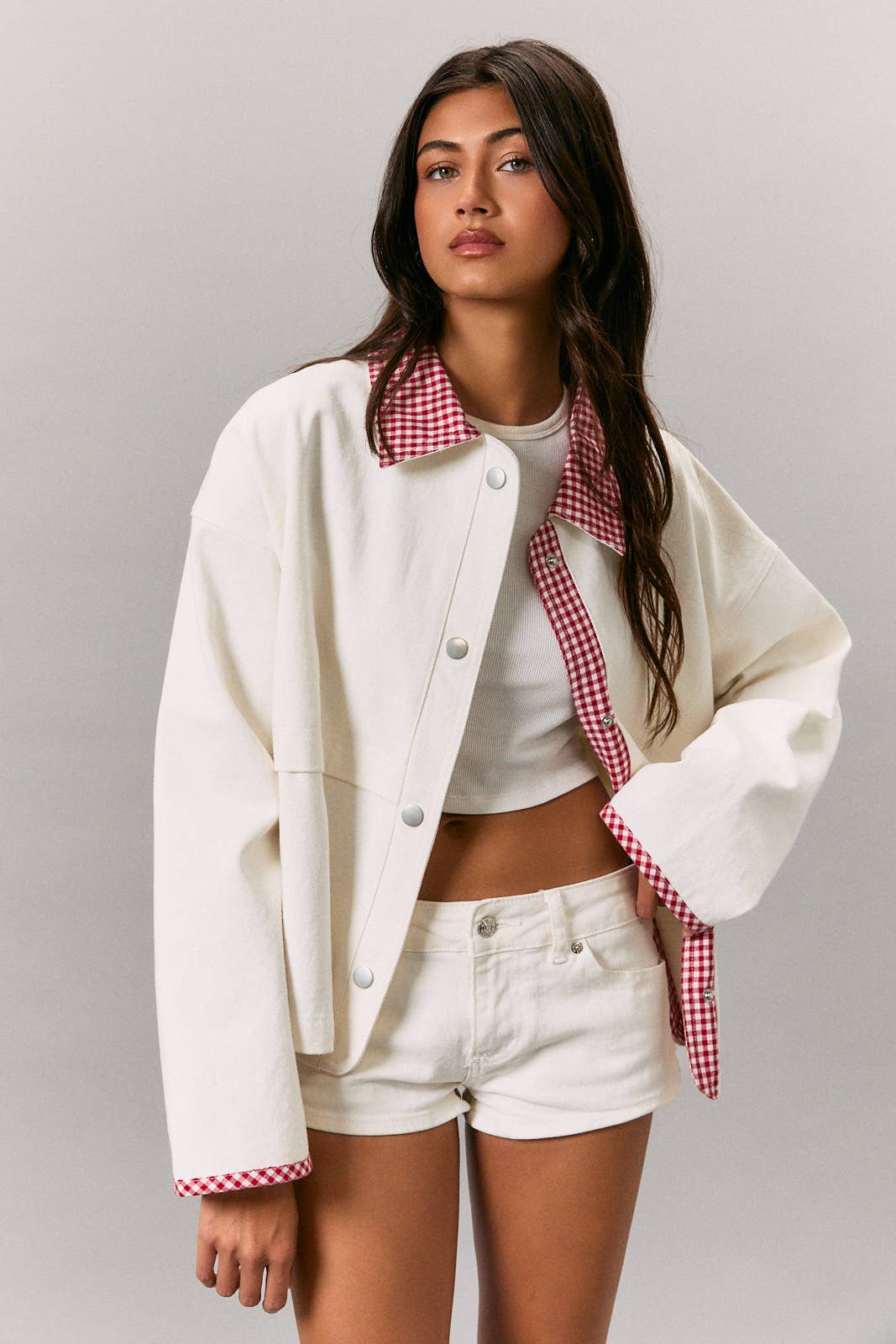 JACKET WITH GINGHAM CONTRAST: WHITE-ORANGE / M