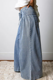 Stripe Button Pleated Drawstring Waist Casual Wide Leg Jeans
