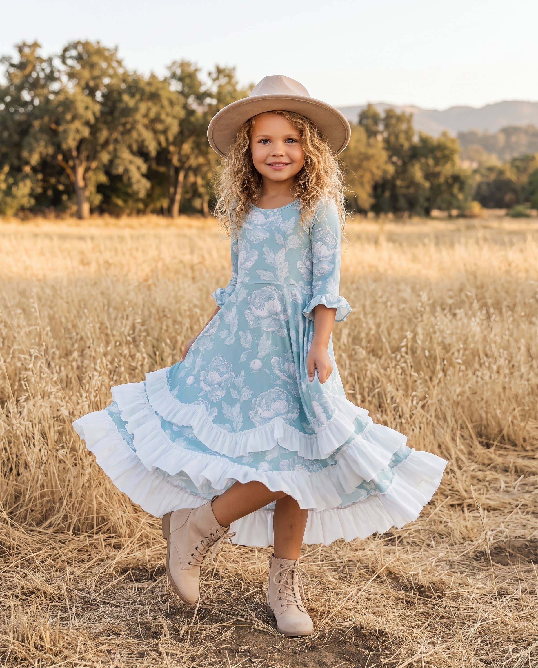 Girls Bella Soft Sage & Winter White Twirl Ruffles Dress