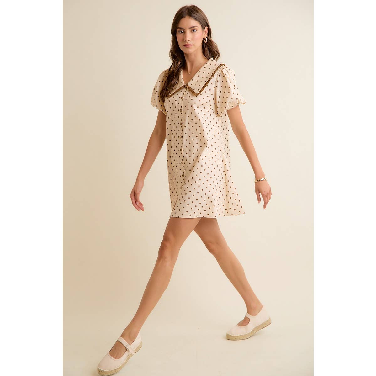 POLKA DOT PETER PAN RUFFLED COLLAR PUFF SLEEVES DRESS