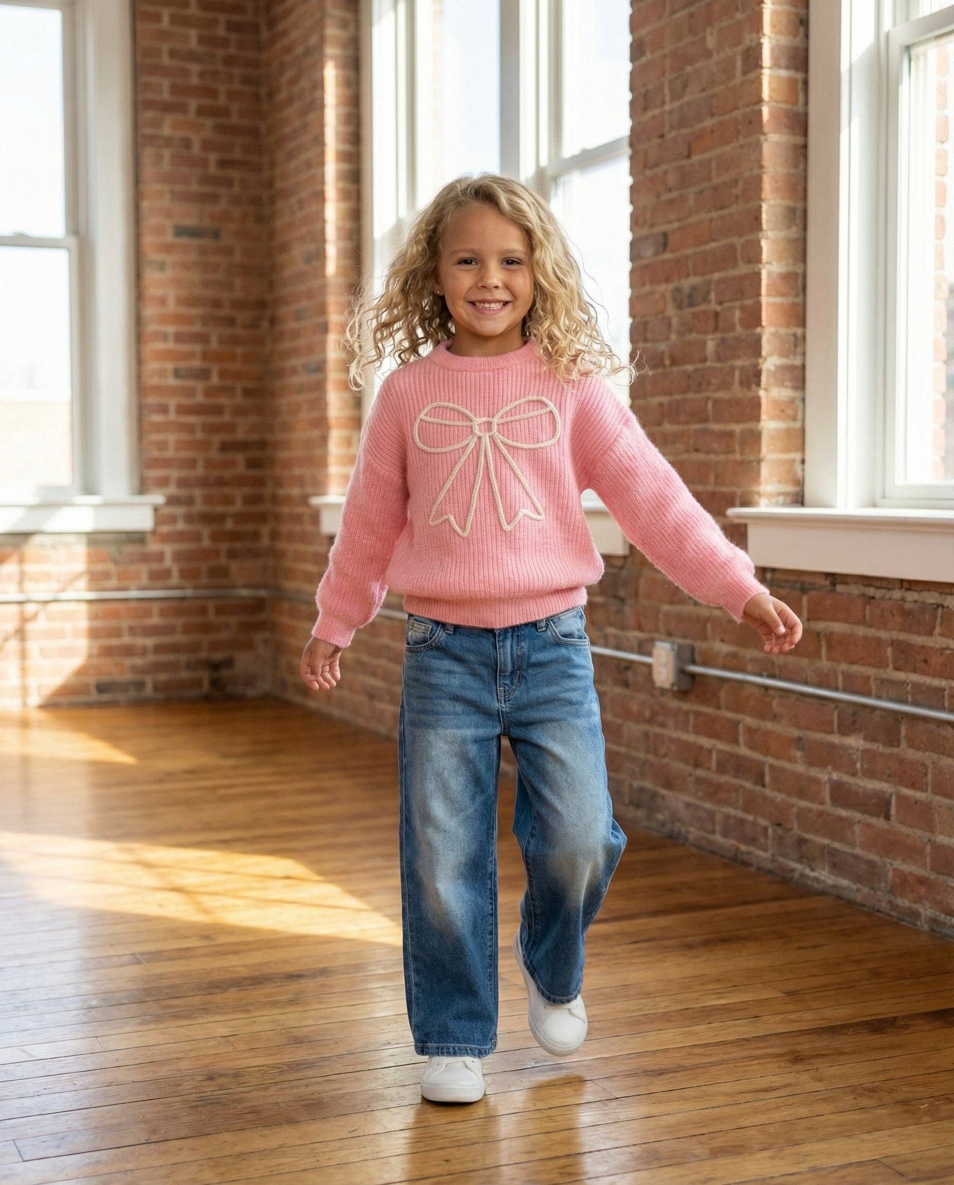 Girls Molly Pink Cable Knit Bow Fall Winter Sweater