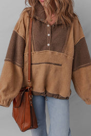Colorblock Patch Half Button Sherpa Sweatshirt