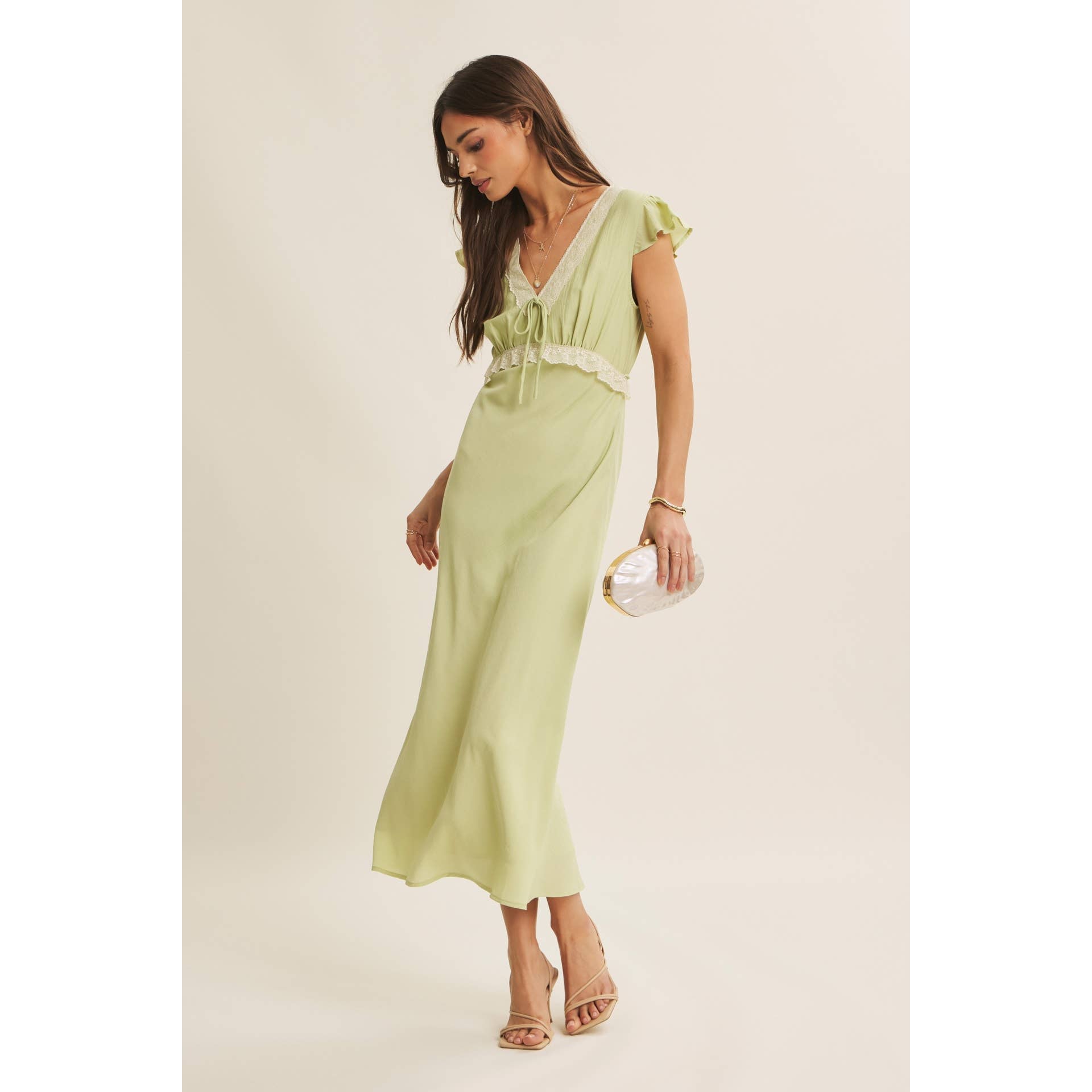 SOFTLY REFINED SLIM FIT MIDI DRESS WITH LACE AND WAIST BELT
