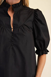 Round Neck Front Button Short Sleeve Top - Black