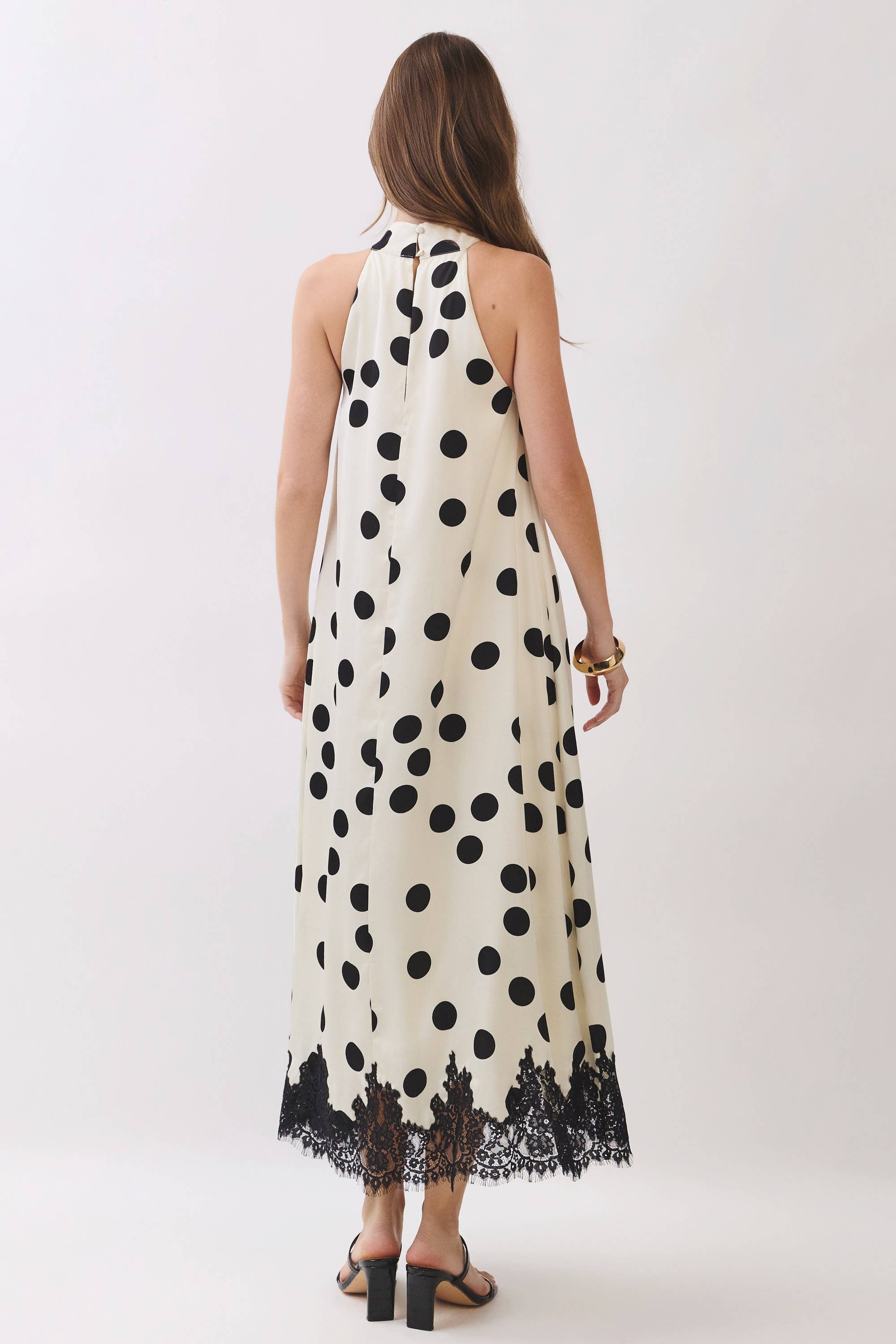 Polka Dot Lace Trim Halter Maxi Dress