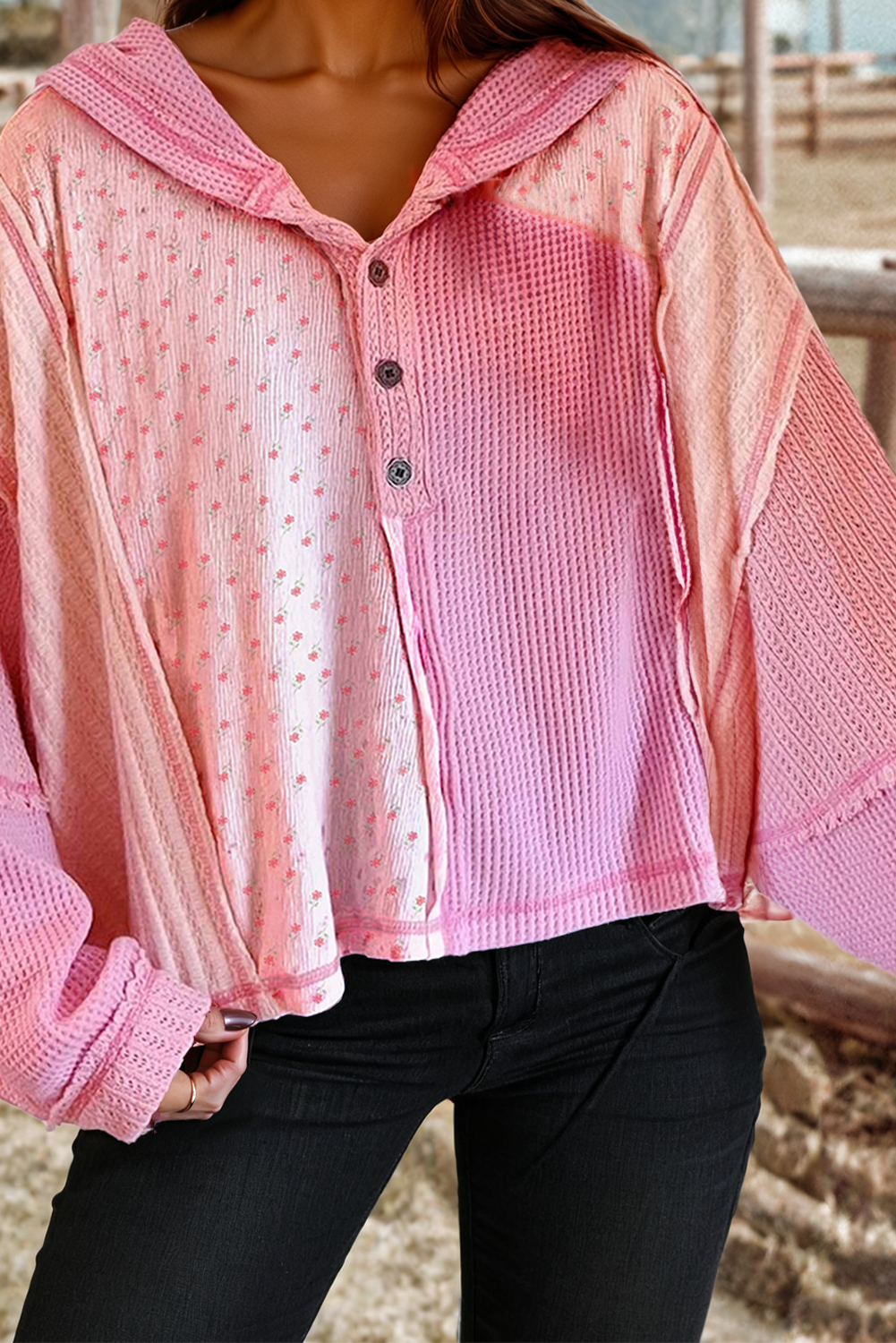 Texture Waffle Floral Patched Hooded Oversize Pullover