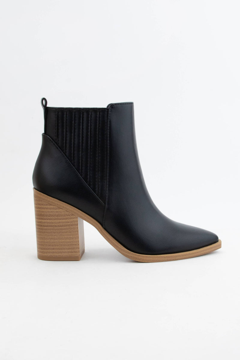 POINTED-TOE BLOCK HEEL CHELSEA BOOTIES: BLACK