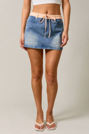 MID WAIST DENIM SKIRT WITH GINGHAM WAIST