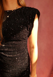 Sequin Mini Dress with Shoulder Pads: BLACK
