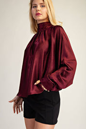 Draped Stand-up Collar Ties At Back Blouse