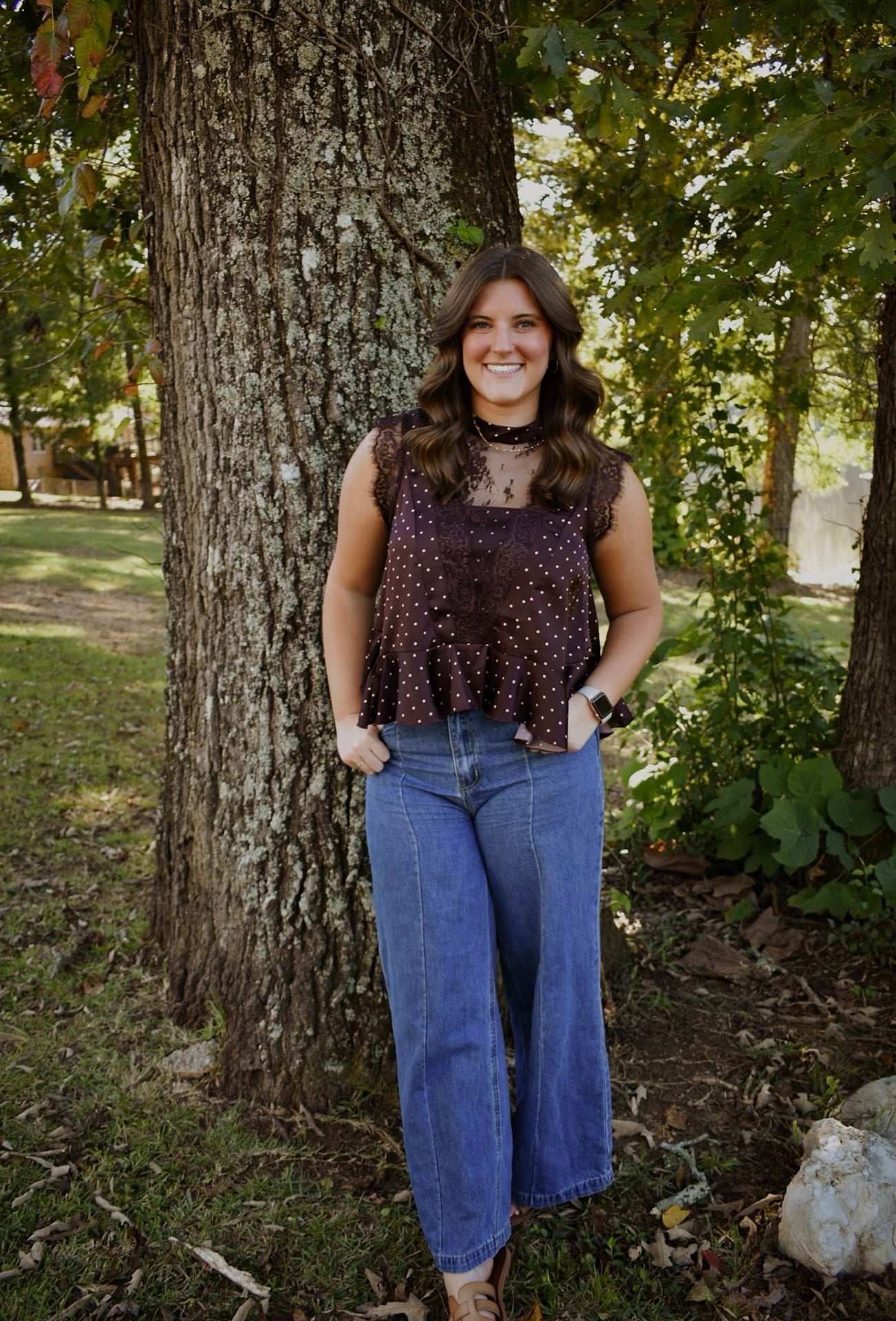 POLKA DOT SATIN LACE TOP: WINE/PINK
