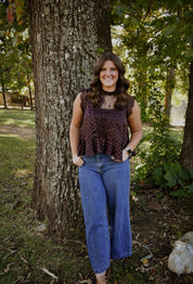 POLKA DOT SATIN LACE TOP: WINE/PINK