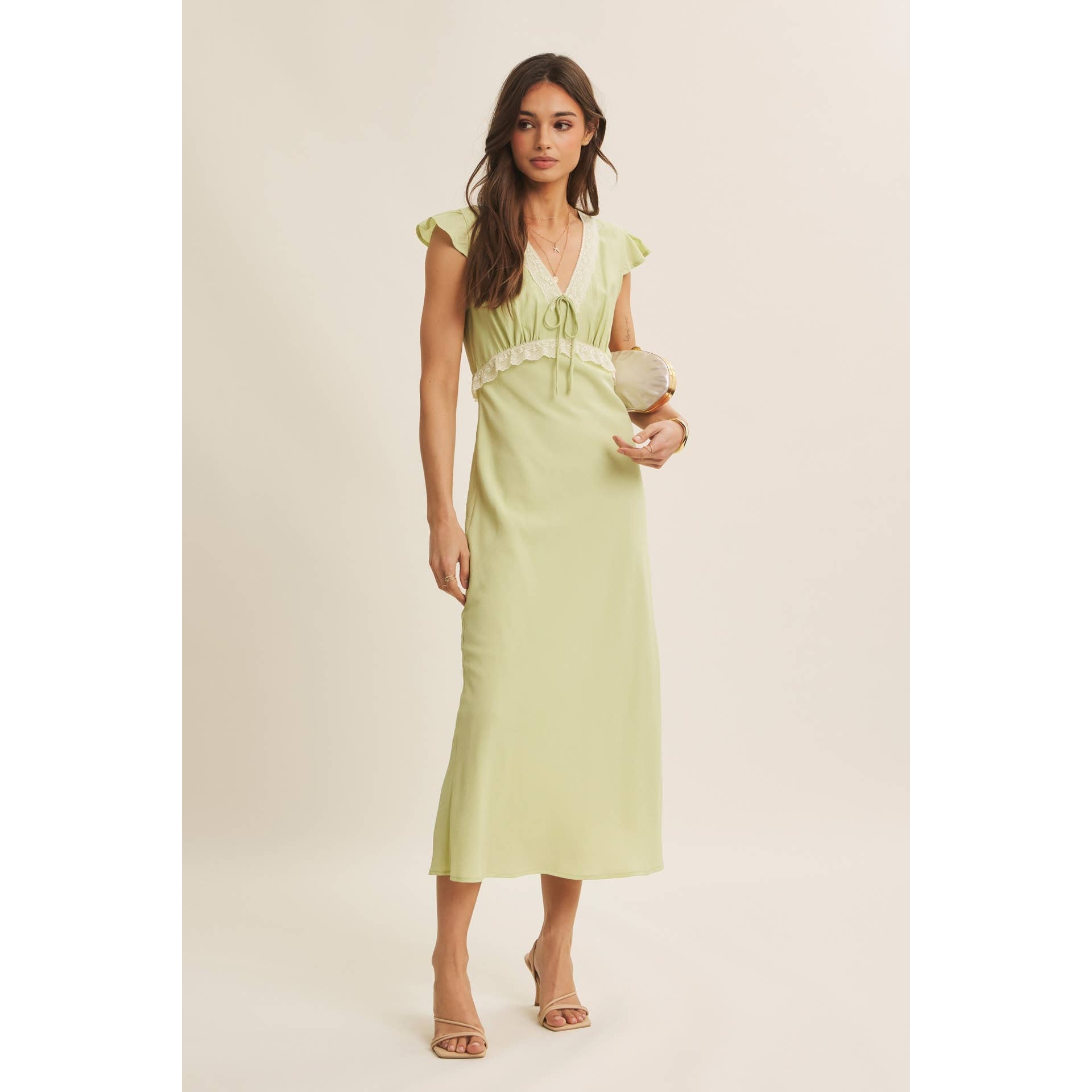 SOFTLY REFINED SLIM FIT MIDI DRESS WITH LACE AND WAIST BELT