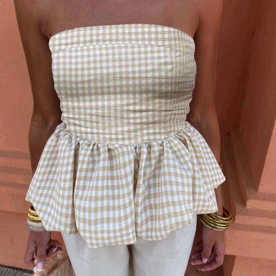 Gingham Bubble tube top: Beige