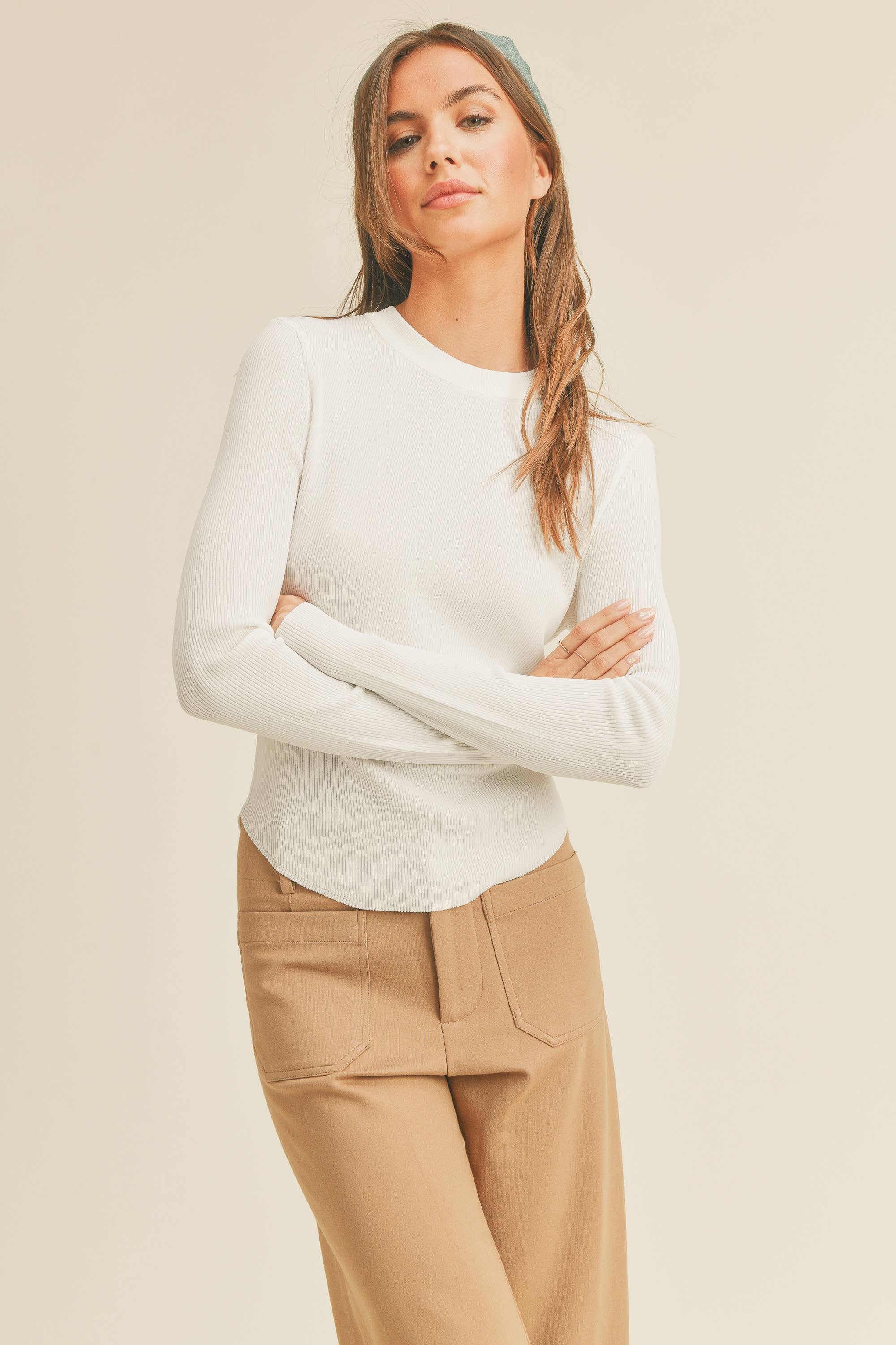 RIBBED LONG SLEEVE BASIC TOP : White