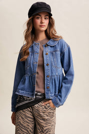 Peplum Hem Denim Jacket Washed Cobalt