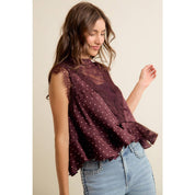 POLKA DOT SATIN LACE TOP: WINE/PINK