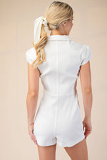 Short-Sleeve Collared Zip-front Romper - White