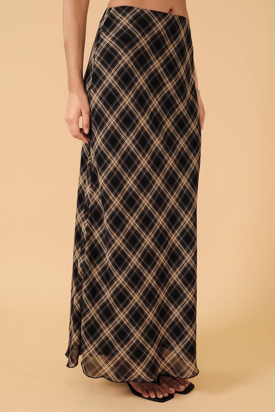HIGH WAIST PLAID CHIFFON MIDI SKIRT: NAVY