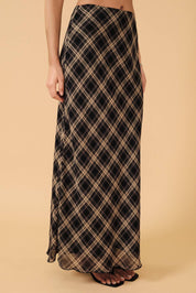 HIGH WAIST PLAID CHIFFON MIDI SKIRT: NAVY