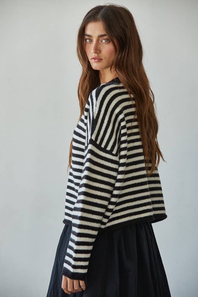 Knit Sweater Striped Buttondown Cardigan Top: Black Ivory