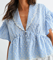 Gingham Embroidered Peplum Blouse
